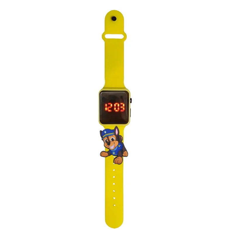 Montre LED enfant Pat Patrouille Chase, bracelet jaune, cadran numérique lumineux.