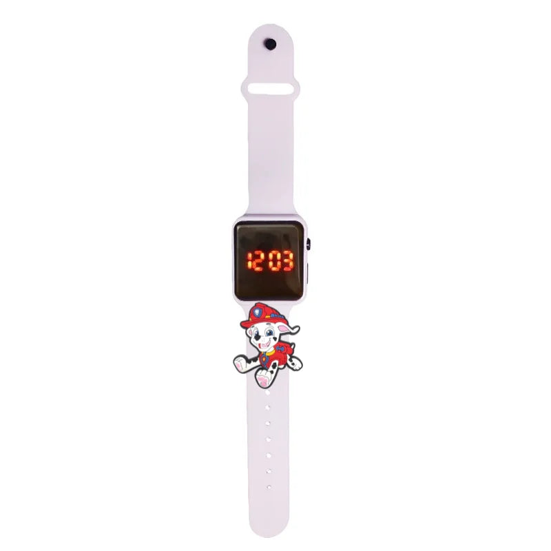Montre LED enfant lilas, cadran carré 12:03, motif Pat Patrouille Marcus