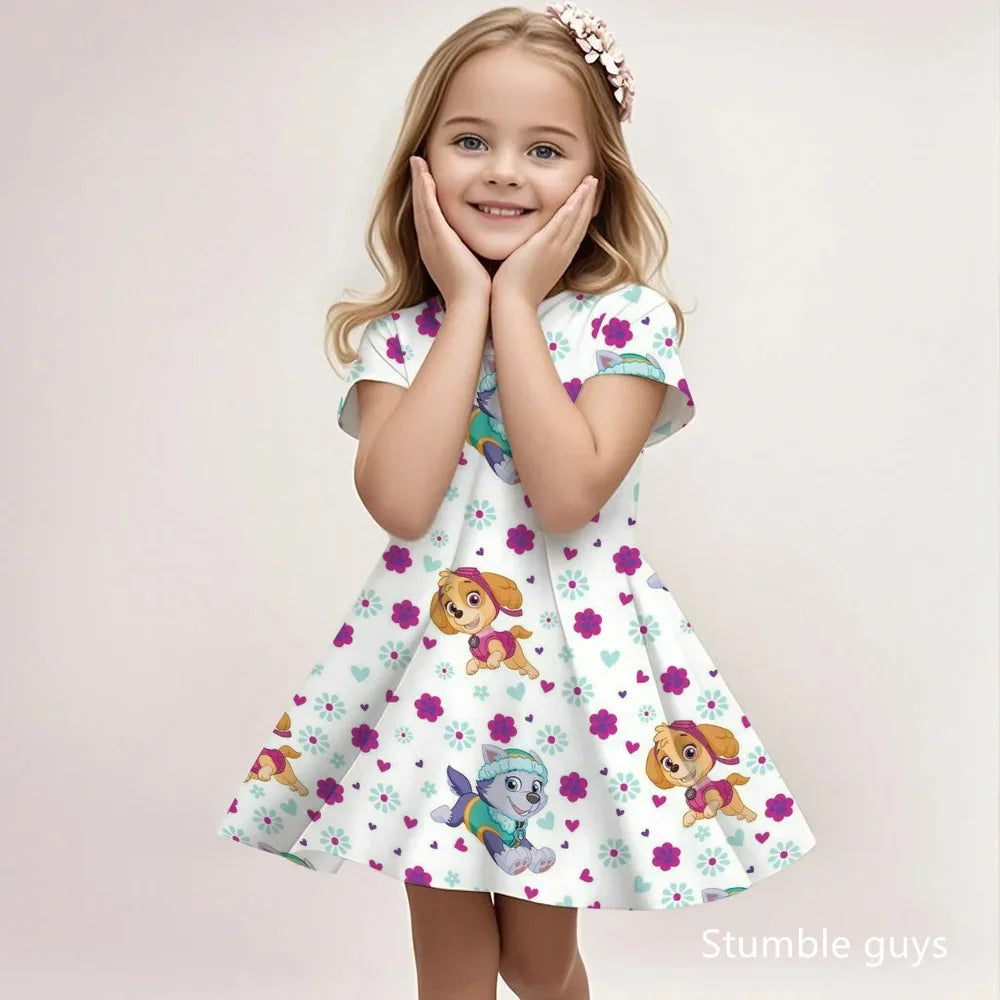 Robe enfant blanche à fleurs roses, motifs Pat'Patrouille, encolure ronde, manches courtes