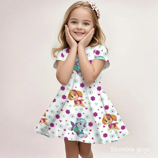 Robe enfant blanche à fleurs roses, motifs Pat'Patrouille, encolure ronde, manches courtes