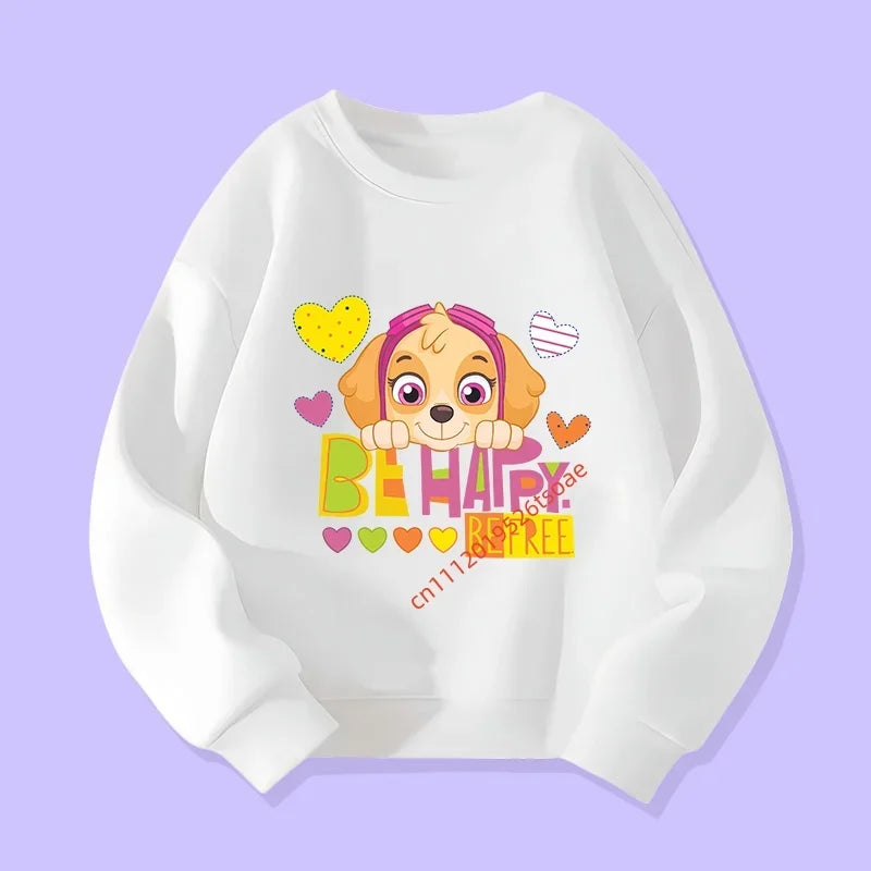 Pull enfant blanc, motif chiot “Be Happy” avec cœurs sur le devant