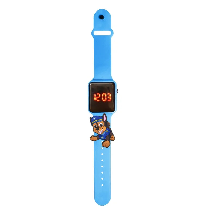 Montre LED enfant Pat Patrouille Chase, bracelet bleu ciel, cadran numérique lumineux.