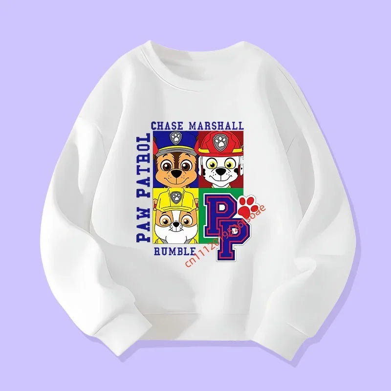 Pull blanc Pat Patrouille, imprimé Chase Marshall avec badge et pattes multicolores.