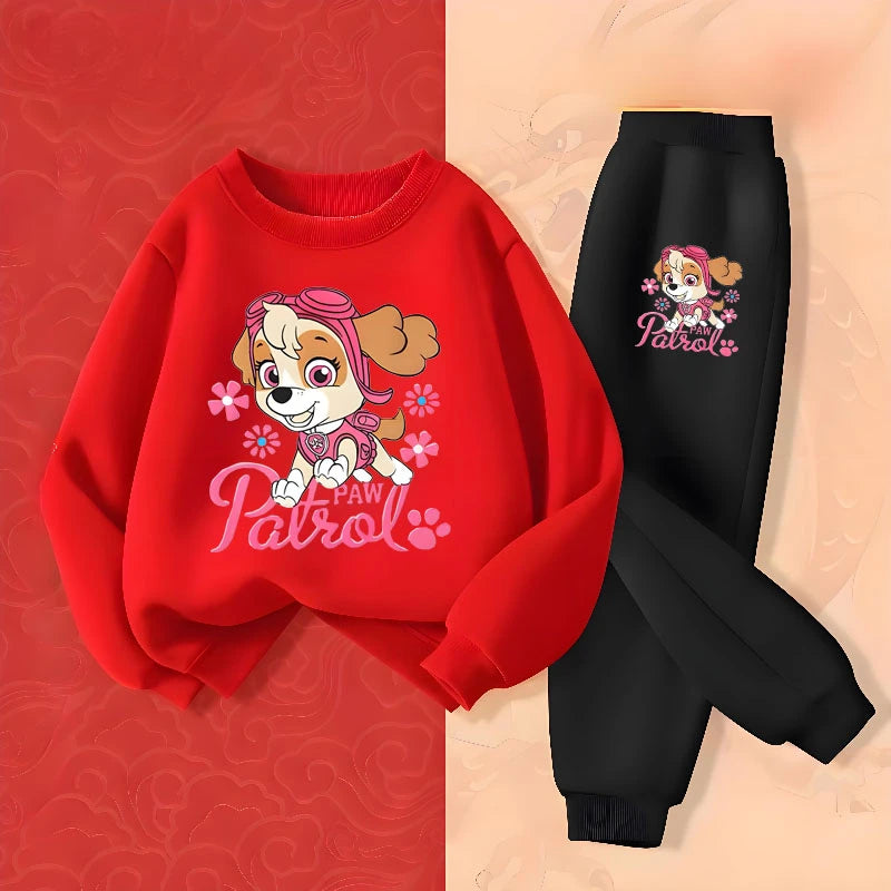 Ensemble fille Pat Patrouille : sweat rouge et pantalon noir, motif Stella.