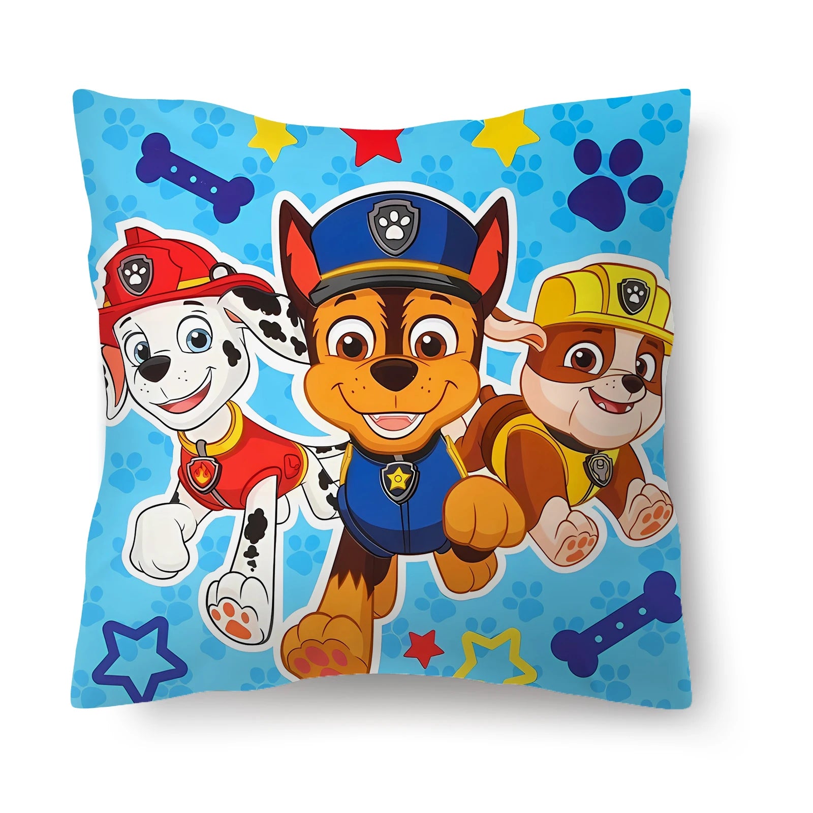 Coussin bleu ciel Pat Patrouille avec personnages chiens à motifs pattes et étoiles