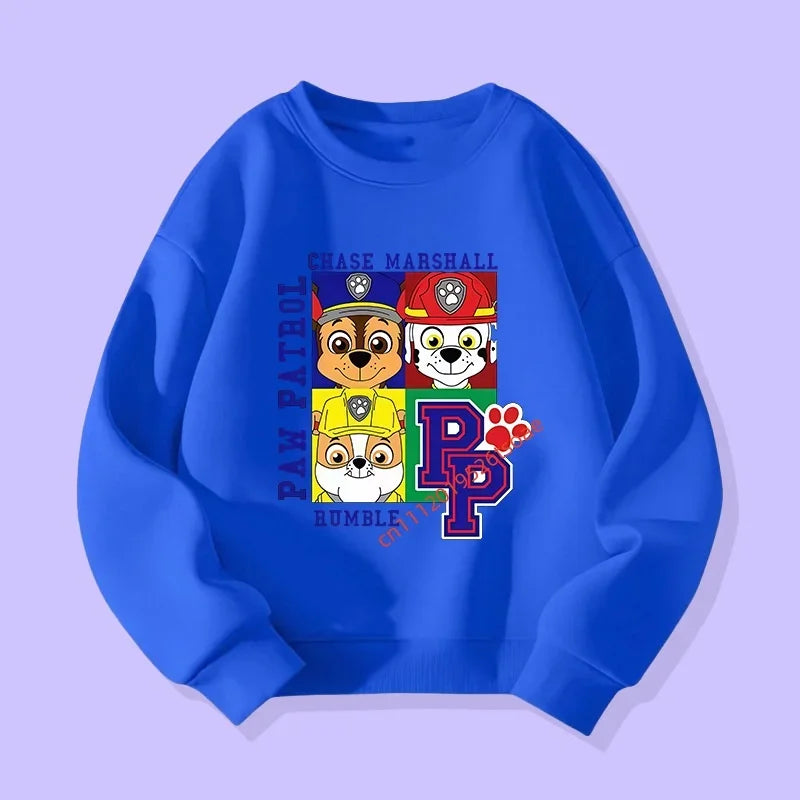 Pull bleu Pat Patrouille, imprimé Chase Marshall avec badge et pattes multicolores.
