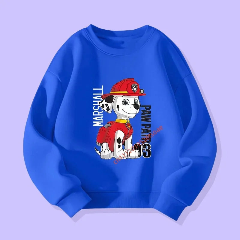 Pull bleu manches longues enfant, motif Marshall pompier sur le devant.