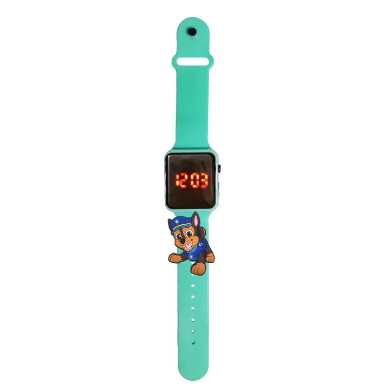 Montre LED enfant Pat Patrouille Chase, bracelet turquoise, cadran numérique lumineux.