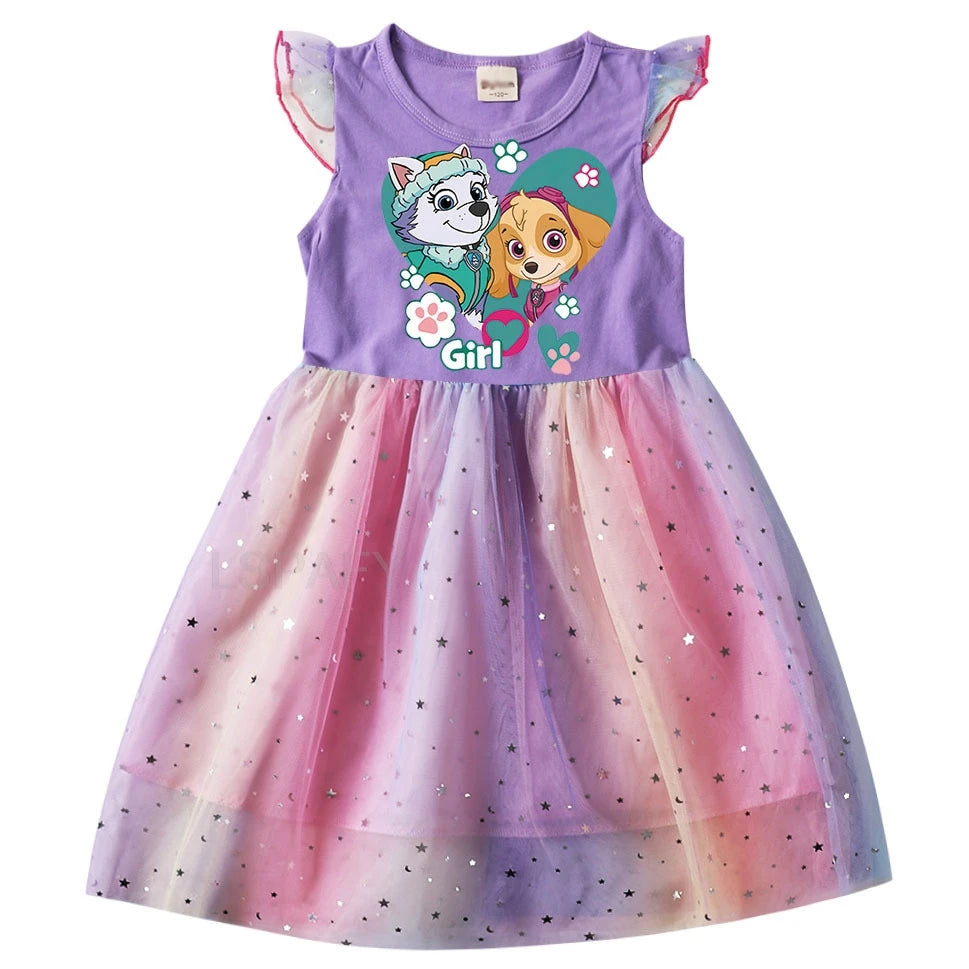Robe Pat' Patrouille pour fille, haut violet imprimé Everest et Stella dans un cœur « Girl » et jupe en tulle arc-en-ciel