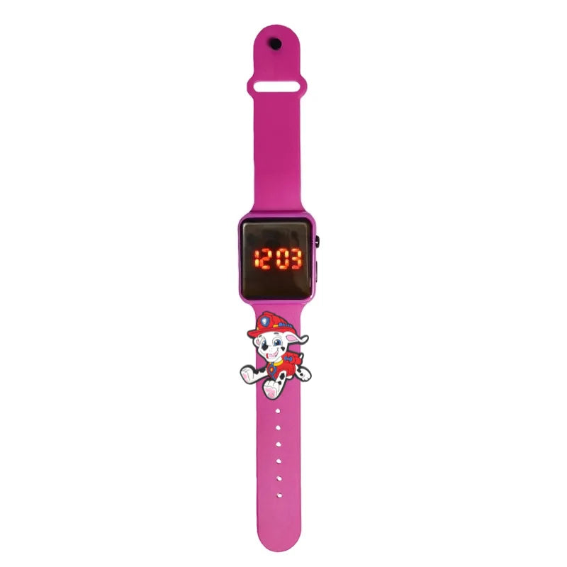 Montre LED enfant Pat Patrouille, bracelet fuchsia en silicone, écran digital rouge.