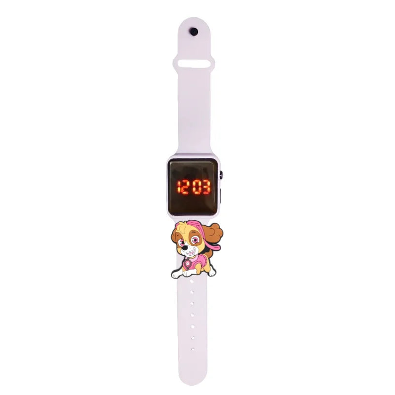 Montre LED enfant bracelet rose clair avec écran 12:03 et figurine Pat Patrouille