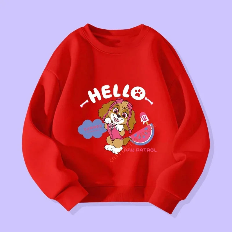 Pull enfant rouge à manches longues, impression chien «HELLO».