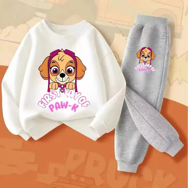 Ensemble fille sweat blanc et pantalon gris chiné, imprimé chiot « Paw »