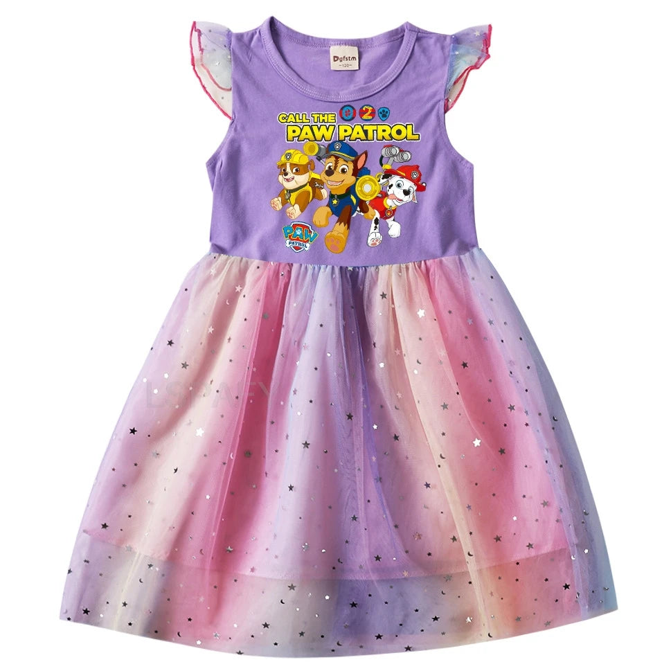Robe Pat' Patrouille pour fille, haut violet imprimé toute l'équipe sous le logo et jupe en tulle arc-en-ciel