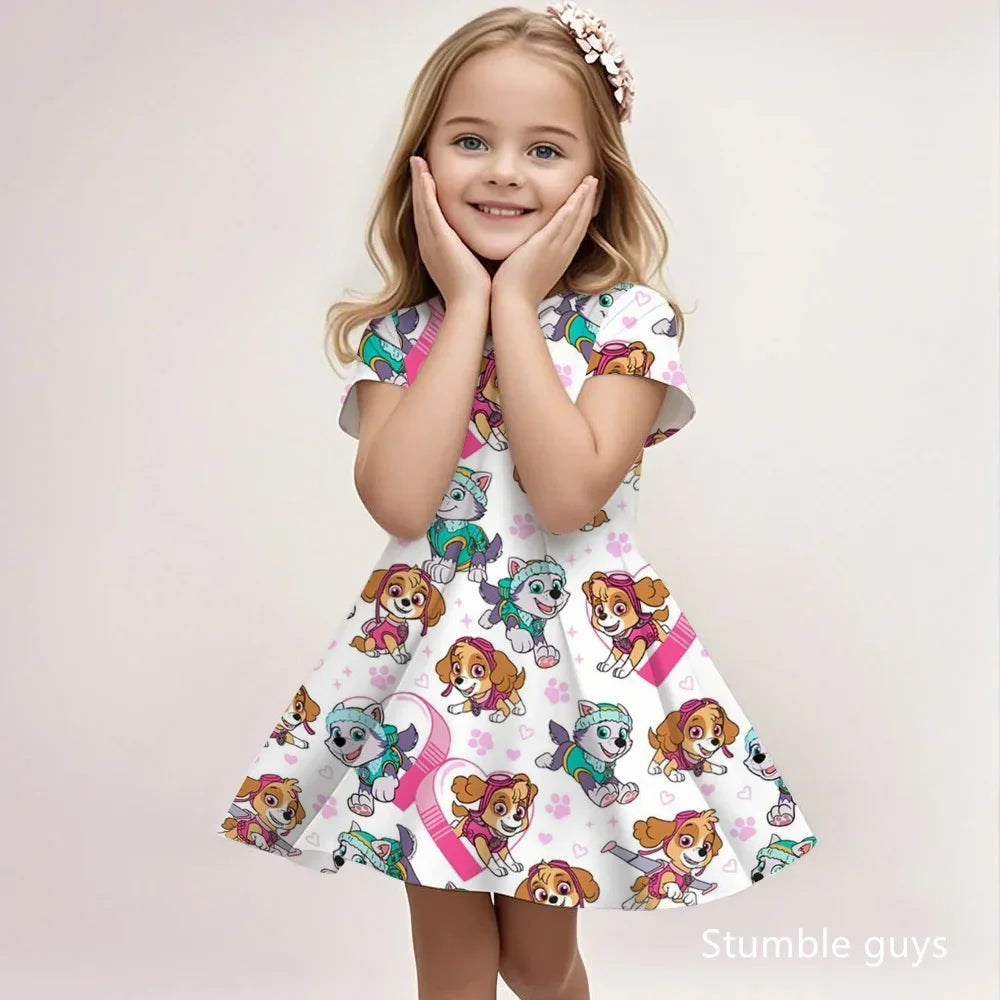 Robe enfant Pat Patrouille blanche à manches courtes, imprimé chiens mignons, évasée.