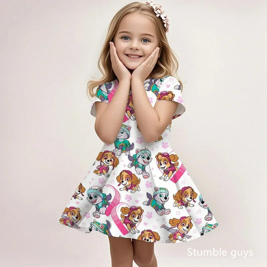 Robe enfant Pat Patrouille blanche à manches courtes, imprimé chiens mignons, évasée.