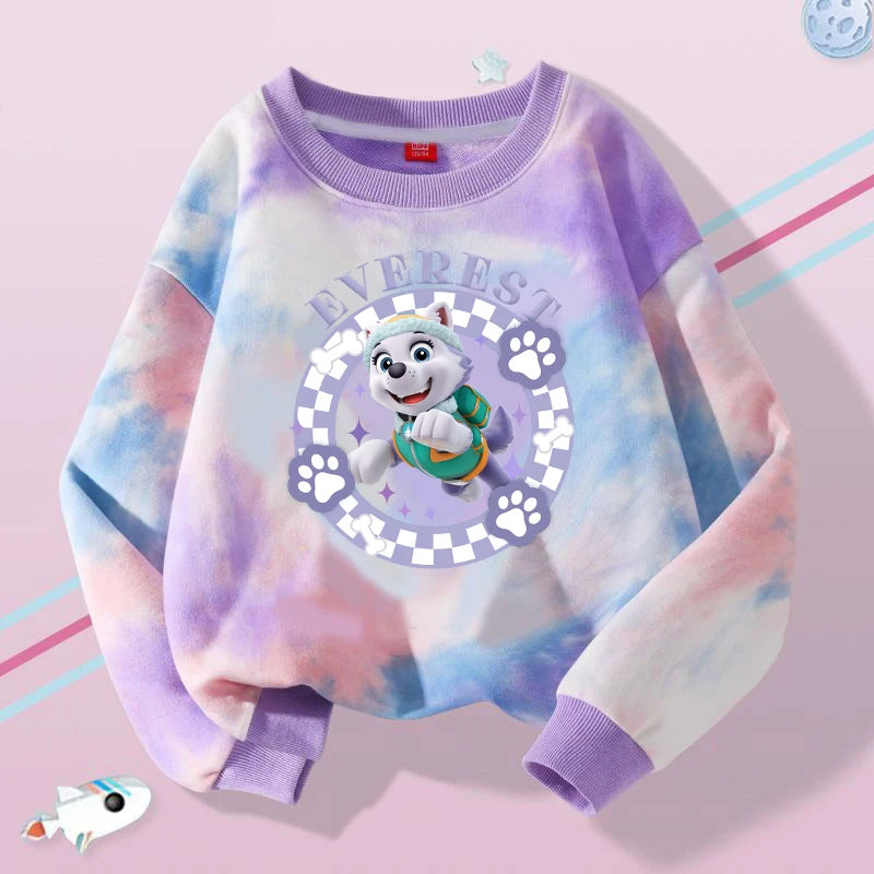 Pull tie-dye violet, col rond et manches longues, motif Everest Pat Patrouille