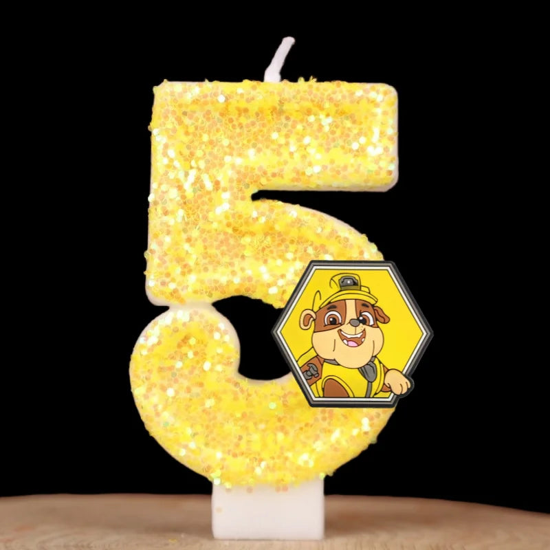 Bougie d’anniversaire chiffre 5 pailleté jaune, écusson Ruben