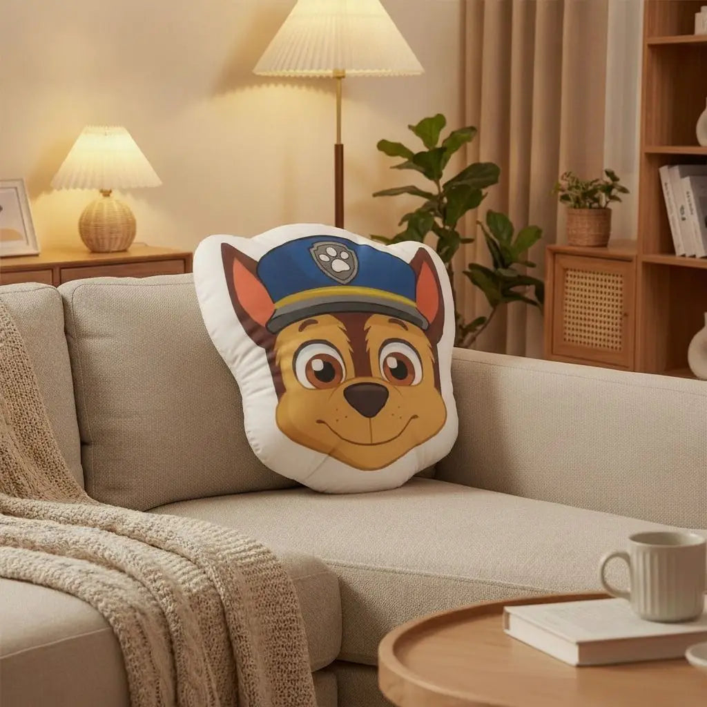 Coussin Pat' Patrouille découpé en forme de tête de Chase, casquette de police bleue, posé sur un canapé