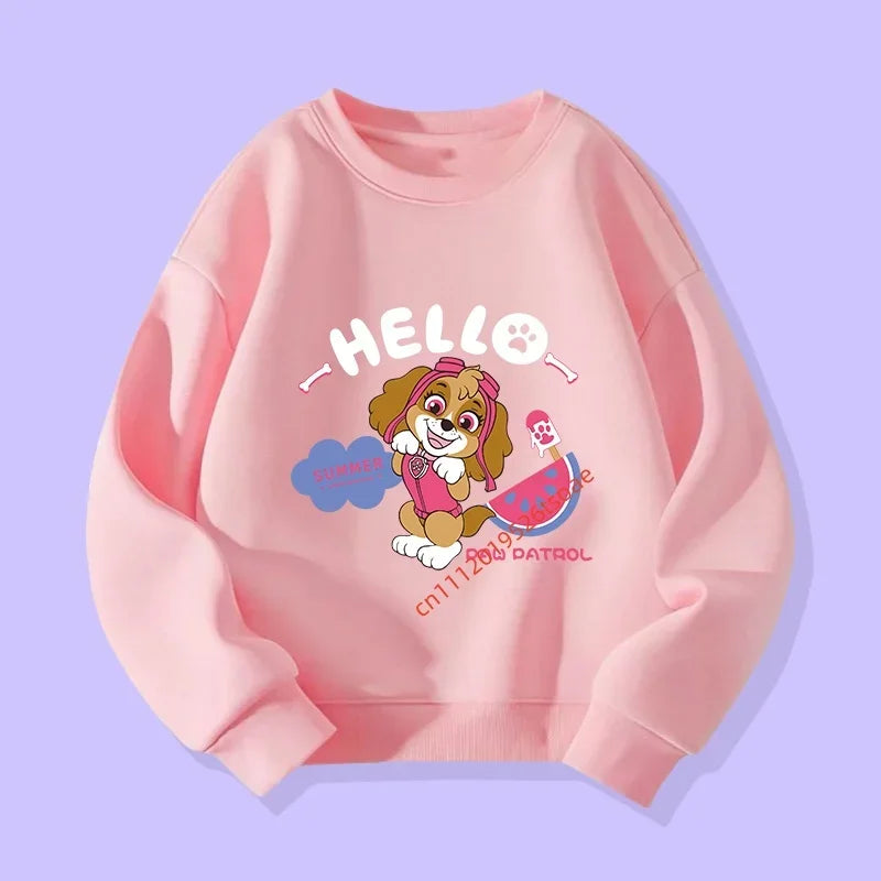 Pull enfant rose à manches longues, impression chien «HELLO» avec nuage.