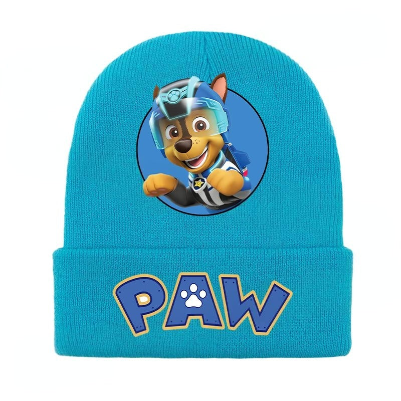 Bonnet en tricot bleu turquoise avec motif Chase et lettrage « PAW ».