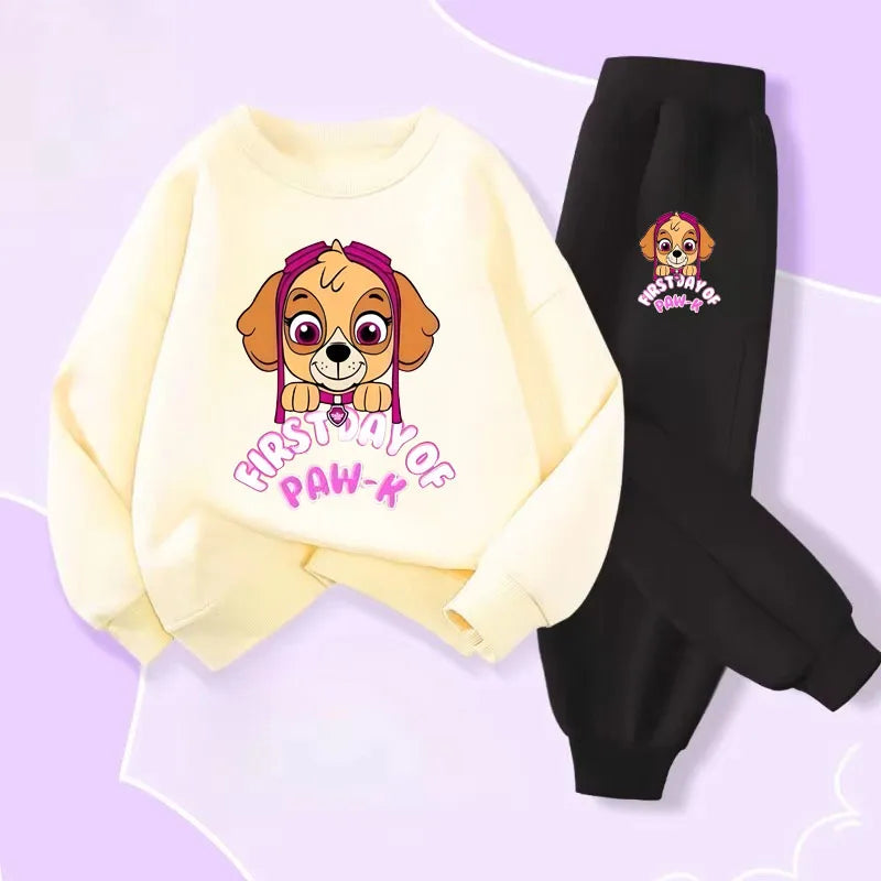 Ensemble fille sweat crème et pantalon noir, imprimé chiot « First Day of Paw »