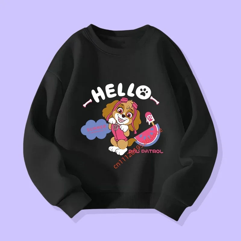 Pull enfant noir à manches longues, impression chien «HELLO» et nuage.