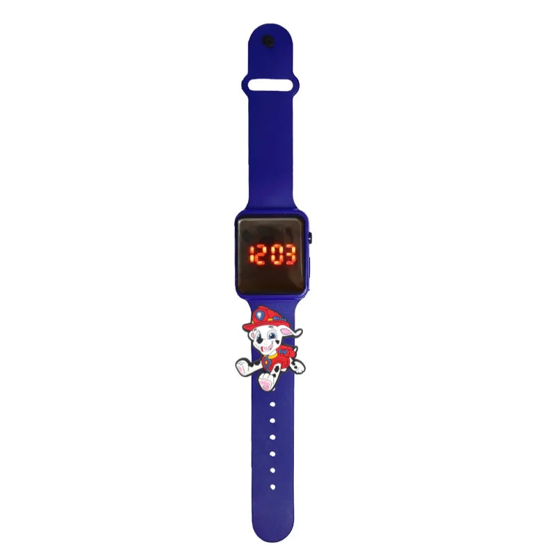 Montre LED enfant Pat Patrouille, bracelet bleu foncé en silicone, écran digital rouge.