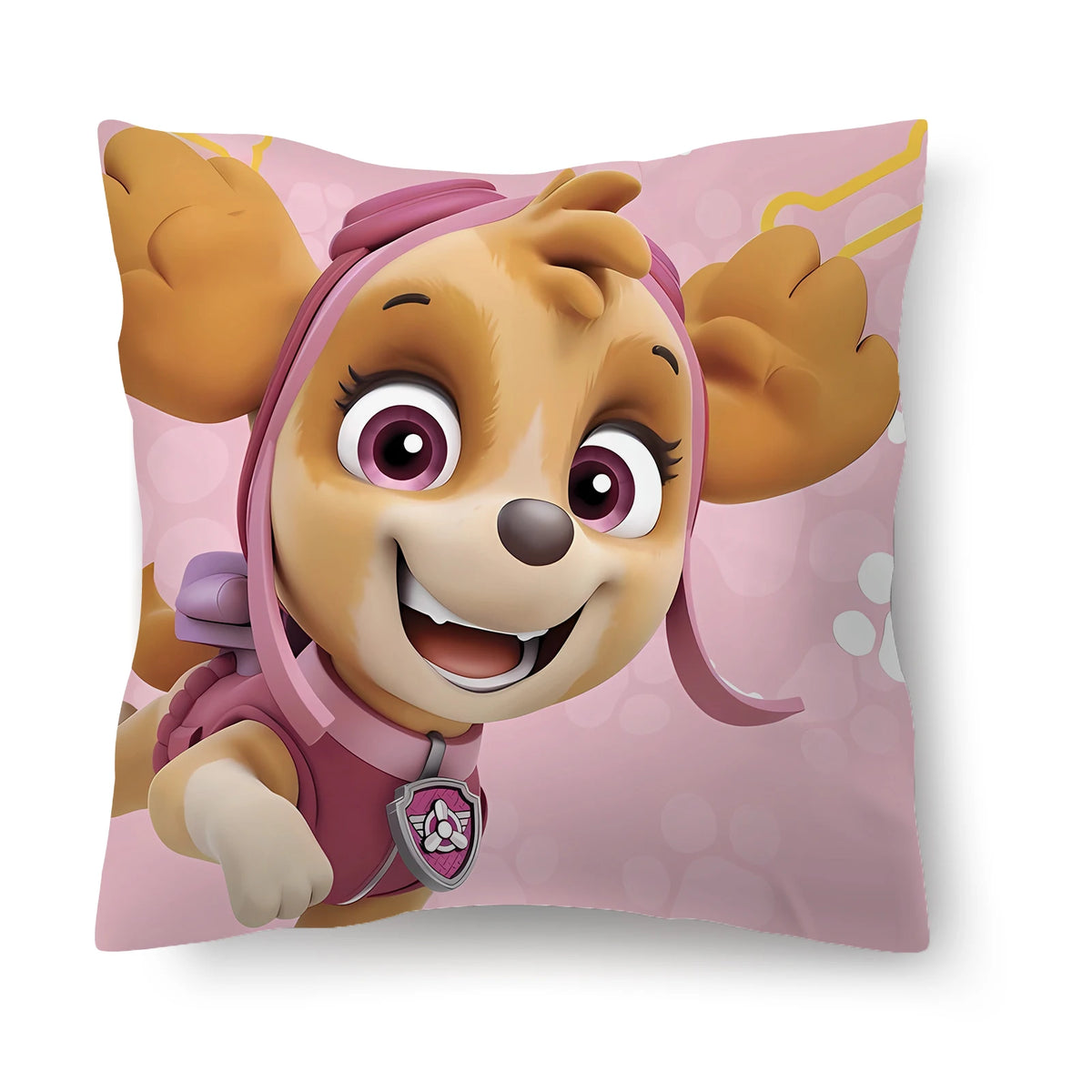 Coussin Pat Patrouille Stella rose avec visage de chiot et capuche violette, motif portrait
