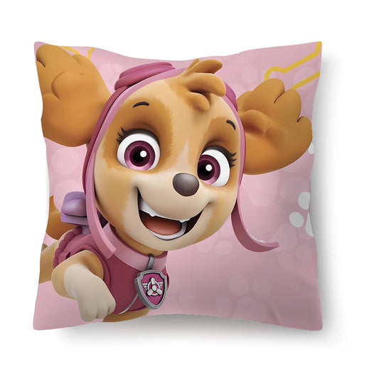 Coussin Pat Patrouille Stella rose avec visage de chiot et capuche violette, motif portrait