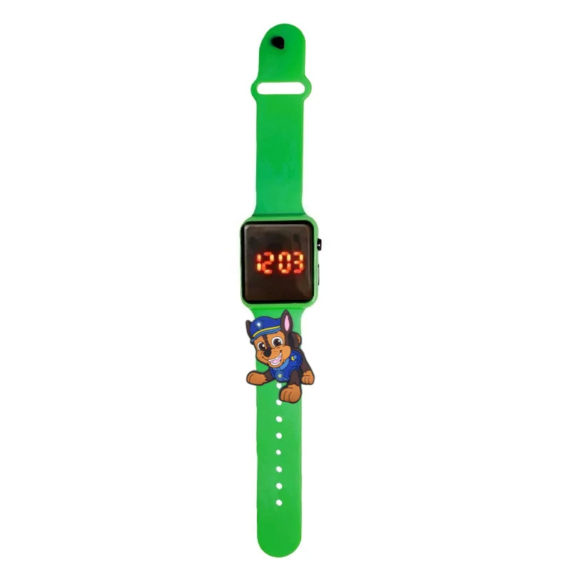 Montre LED enfant Pat Patrouille Chase, bracelet vert, cadran numérique lumineux.