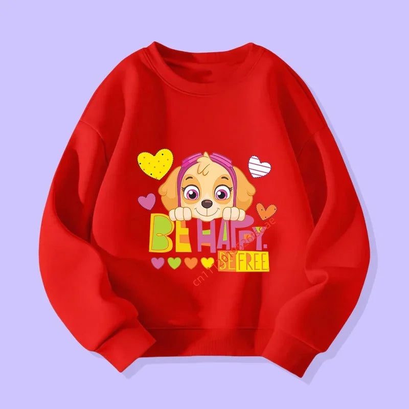 Pull enfant rouge, motif chiot “Be Happy” avec cœurs sur le devant