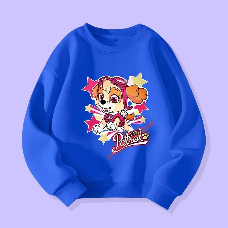 Pull bleu à manches longues avec applique Pat'Patrouille et étoiles multicolores.