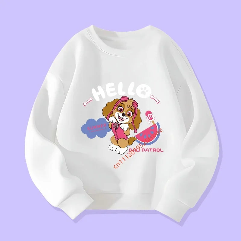 Pull enfant blanc à manches longues, impression chien «HELLO» et nuage.