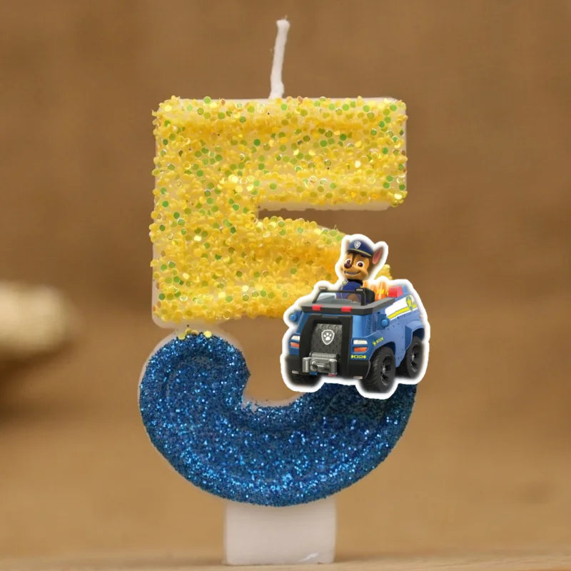 Bougie d’anniversaire Pat Patrouille chiffre 3 paillettes jaune et bleu, motif
