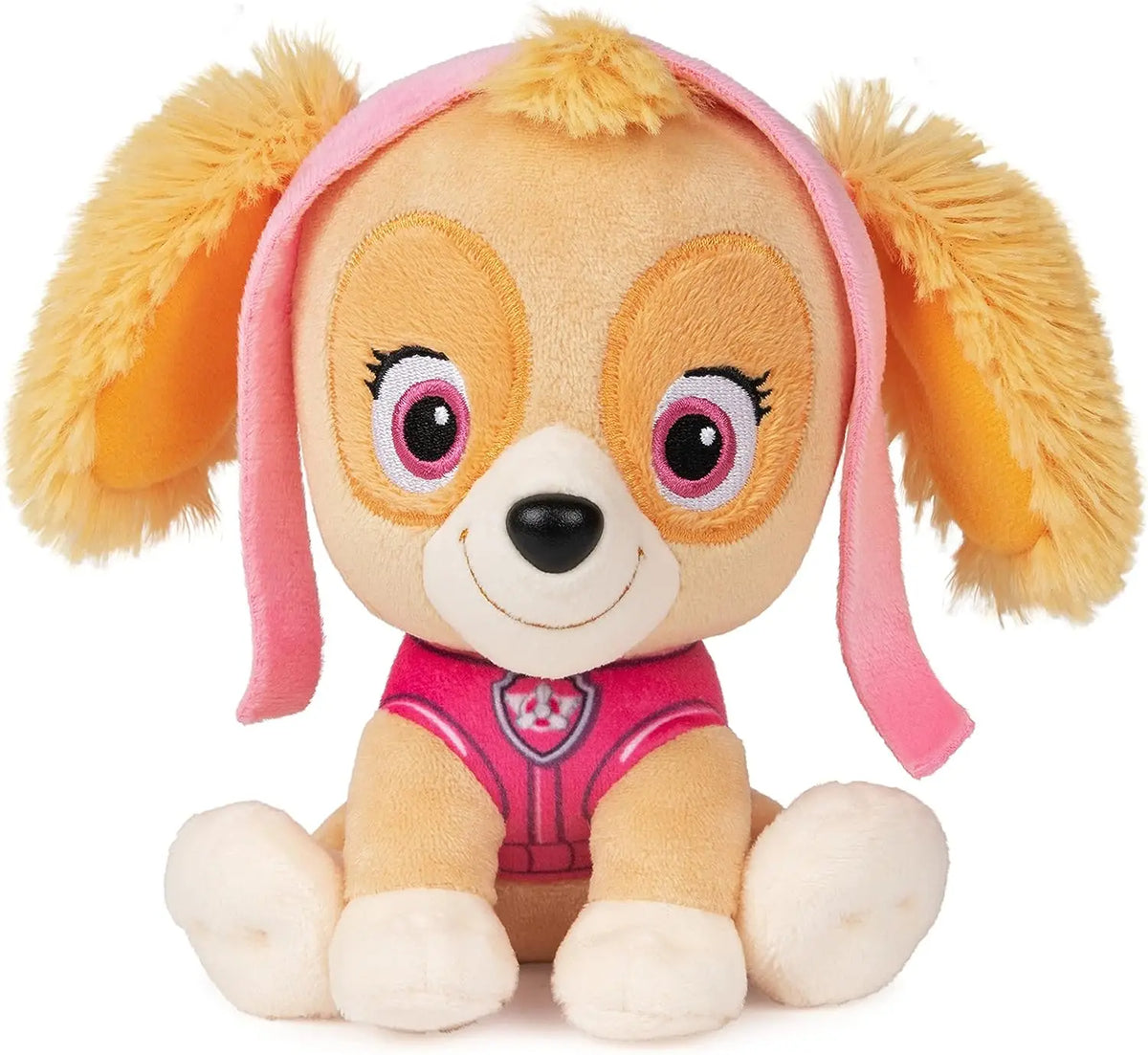 Peluche chien Stella beige, capuche rose, oreilles orange duveteuses, gilet rouge
