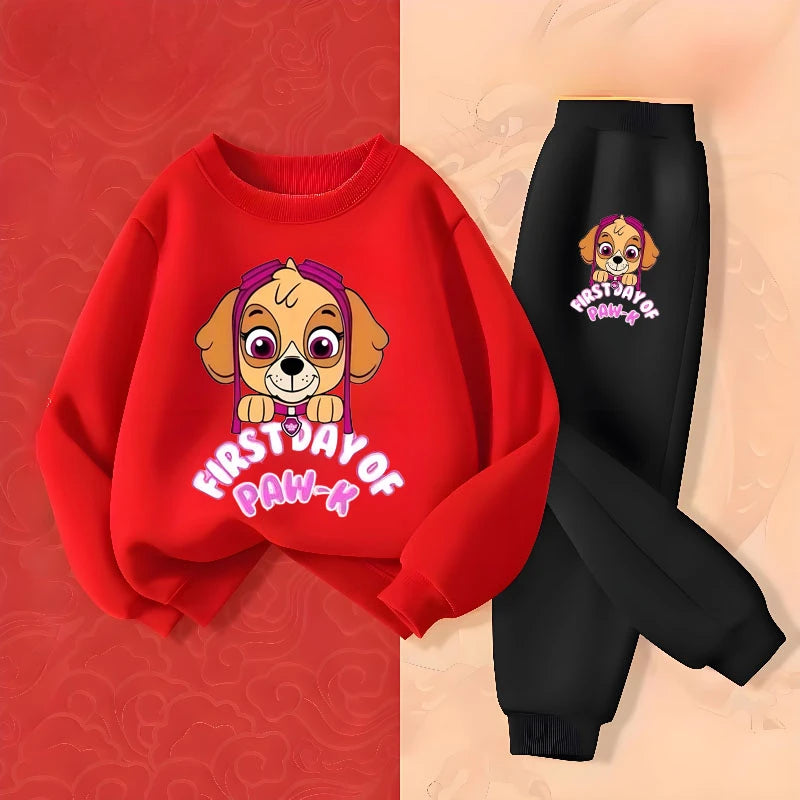 Ensemble fille sweat rouge et pantalon noir, imprimé chiot « First Day of Paw »