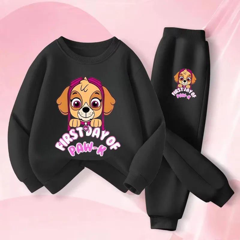 Ensemble fille sweat noir et pantalon noir, imprimé chiot « First Day of Paw »