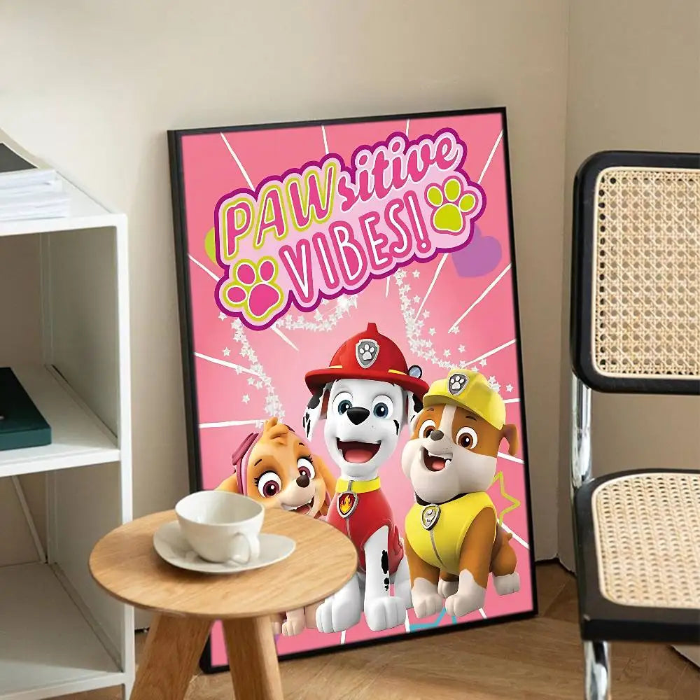 Affiche encadrée rose avec trois chiots Pat Patrouille et texte coloré « VIBES »