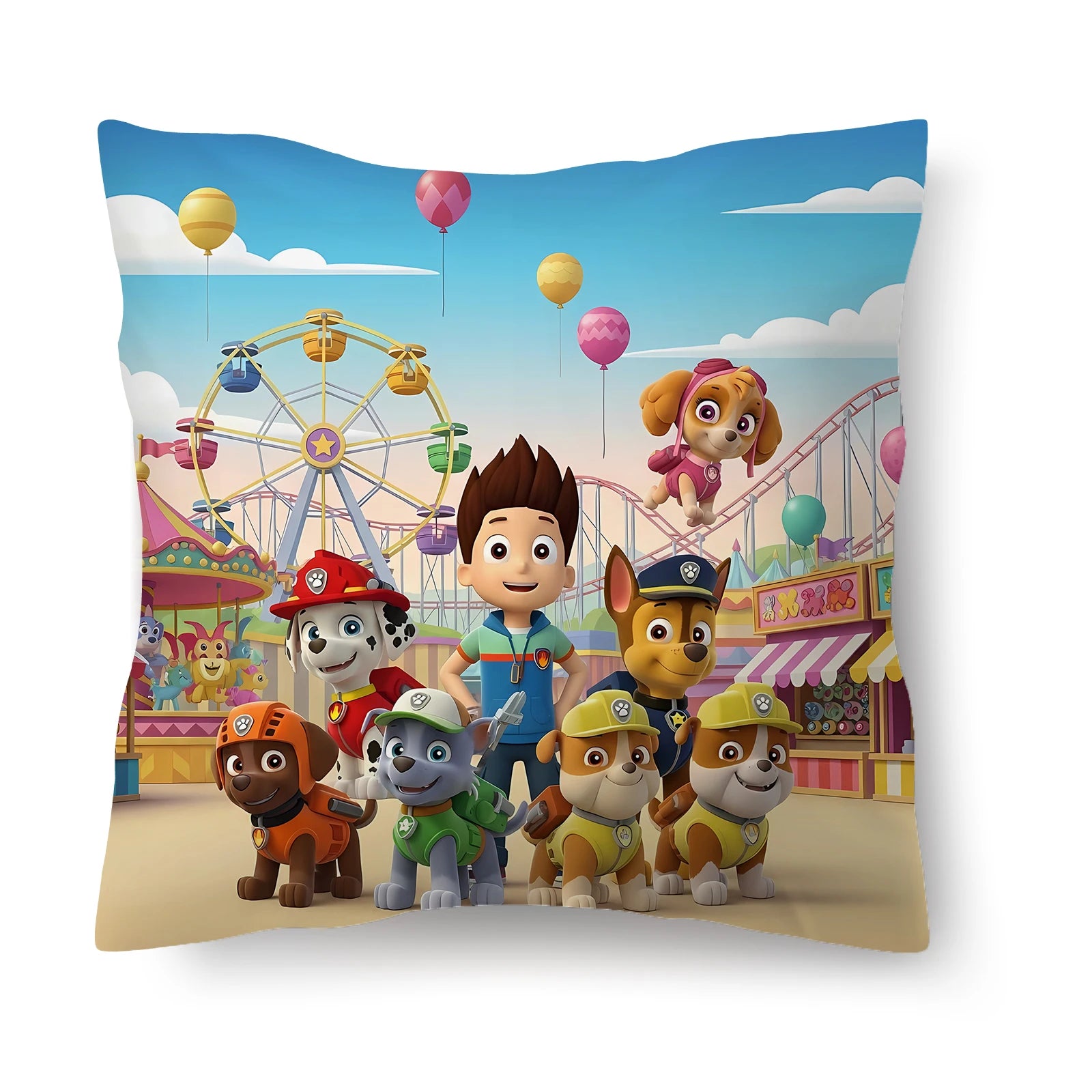Coussin rectangulaire motif Pat Patrouille avec chiots et fête foraine, manège et ballons