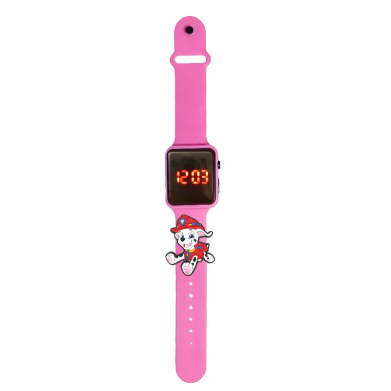 Montre LED enfant Pat Patrouille, bracelet rose en silicone, écran digital rouge.