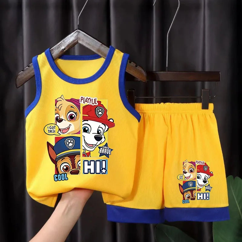 Ensemble sport Pat' Patrouille en maille, débardeur et short jaunes à liseré bleu, Chase, Stella et Marcus « Cool Pups »