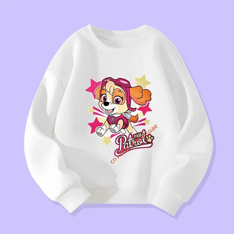 Pull blanc à manches longues avec applique Pat'Patrouille et étoiles multicolores.