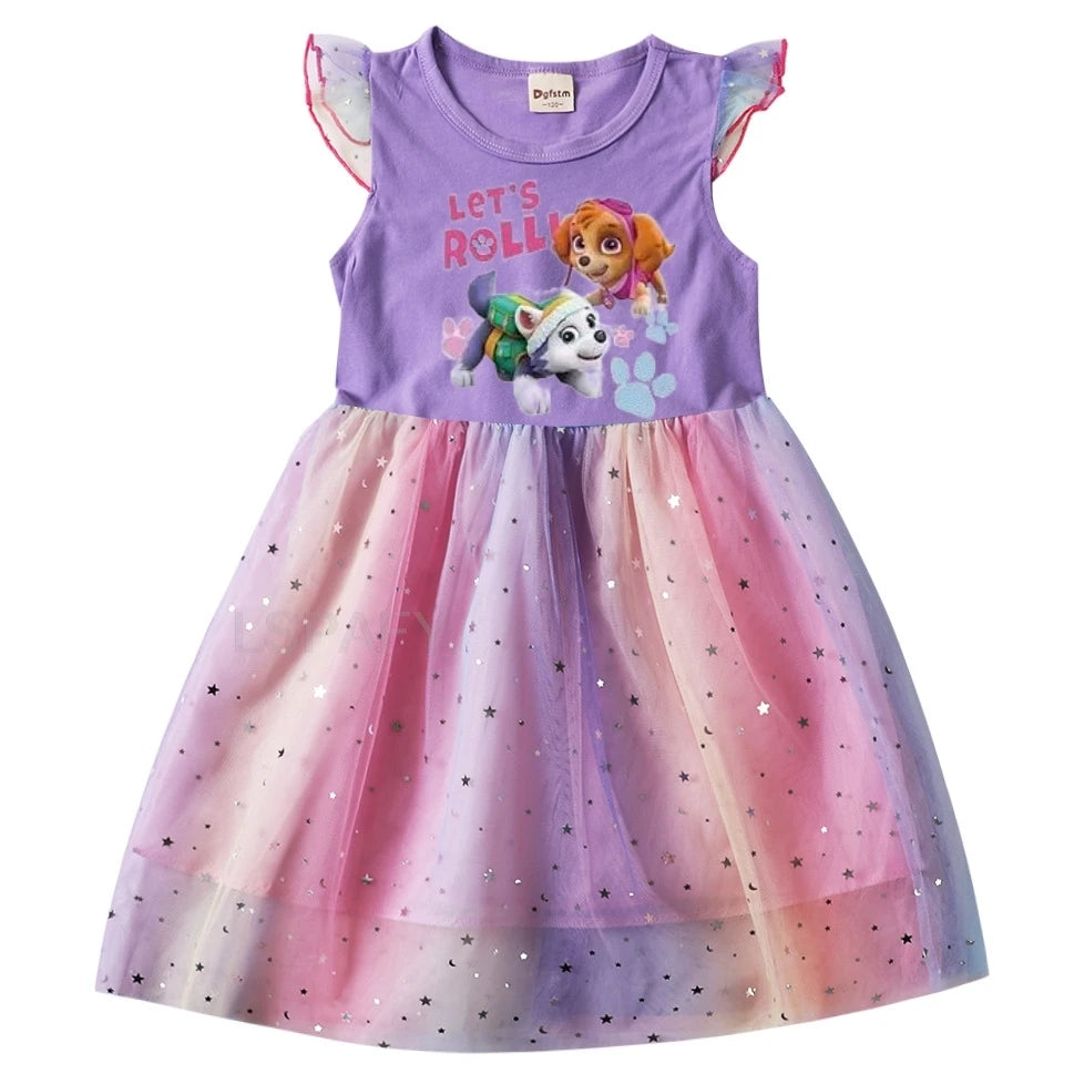 Robe Pat' Patrouille pour fille, haut violet imprimé Stella et Everest « Let's Roll » et jupe en tulle arc-en-ciel