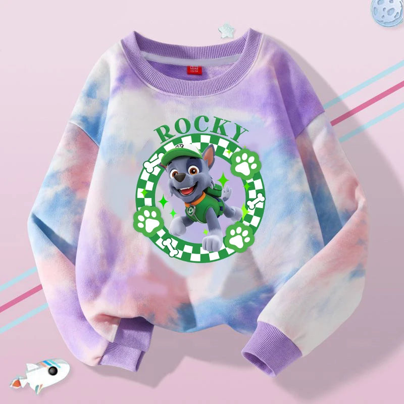 Pull tie-dye violet Pat Patrouille, col rond côtelé, motif Rocky chien vert.