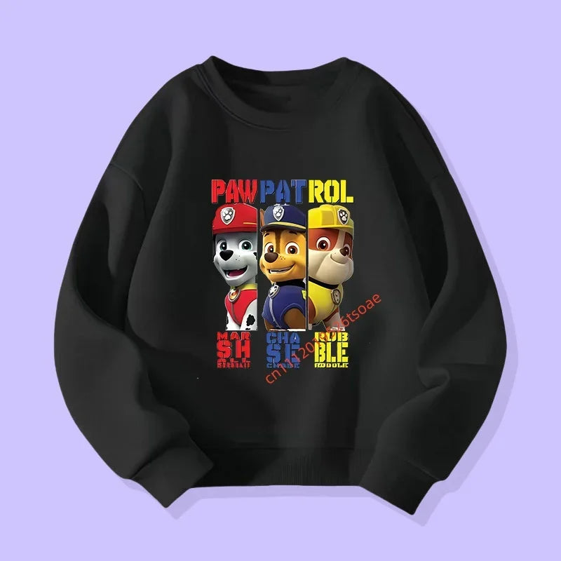 Pull noir enfant, impression Pat' Patrouille Trio en Action sur le devant.