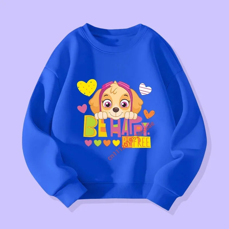 Pull enfant bleu, motif chiot “Be Happy” avec cœurs sur le devant