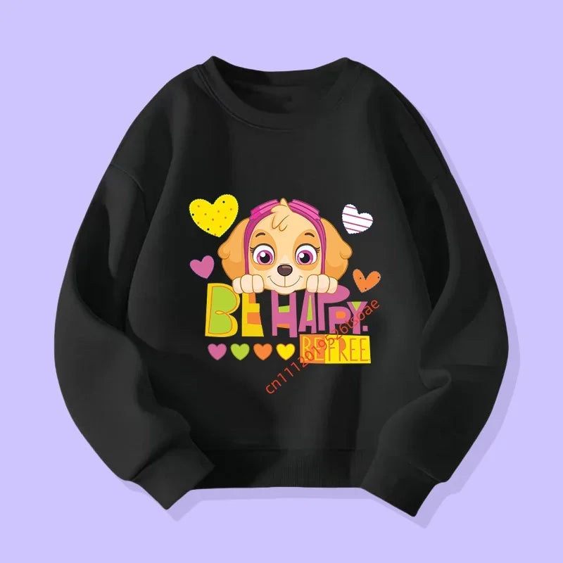 Pull enfant noir, motif chiot “Be Happy” avec cœurs sur le devant