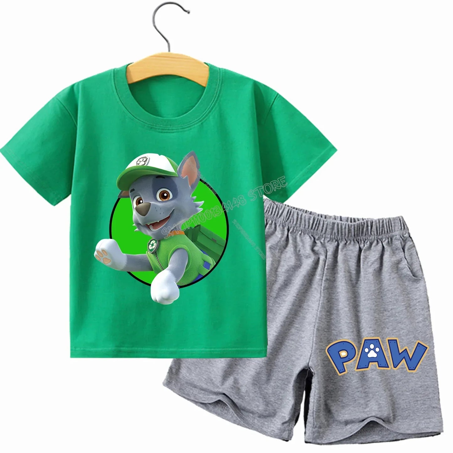 Pyjama enfant Pat' Patrouille vert motif Rocky, porté par un enfant