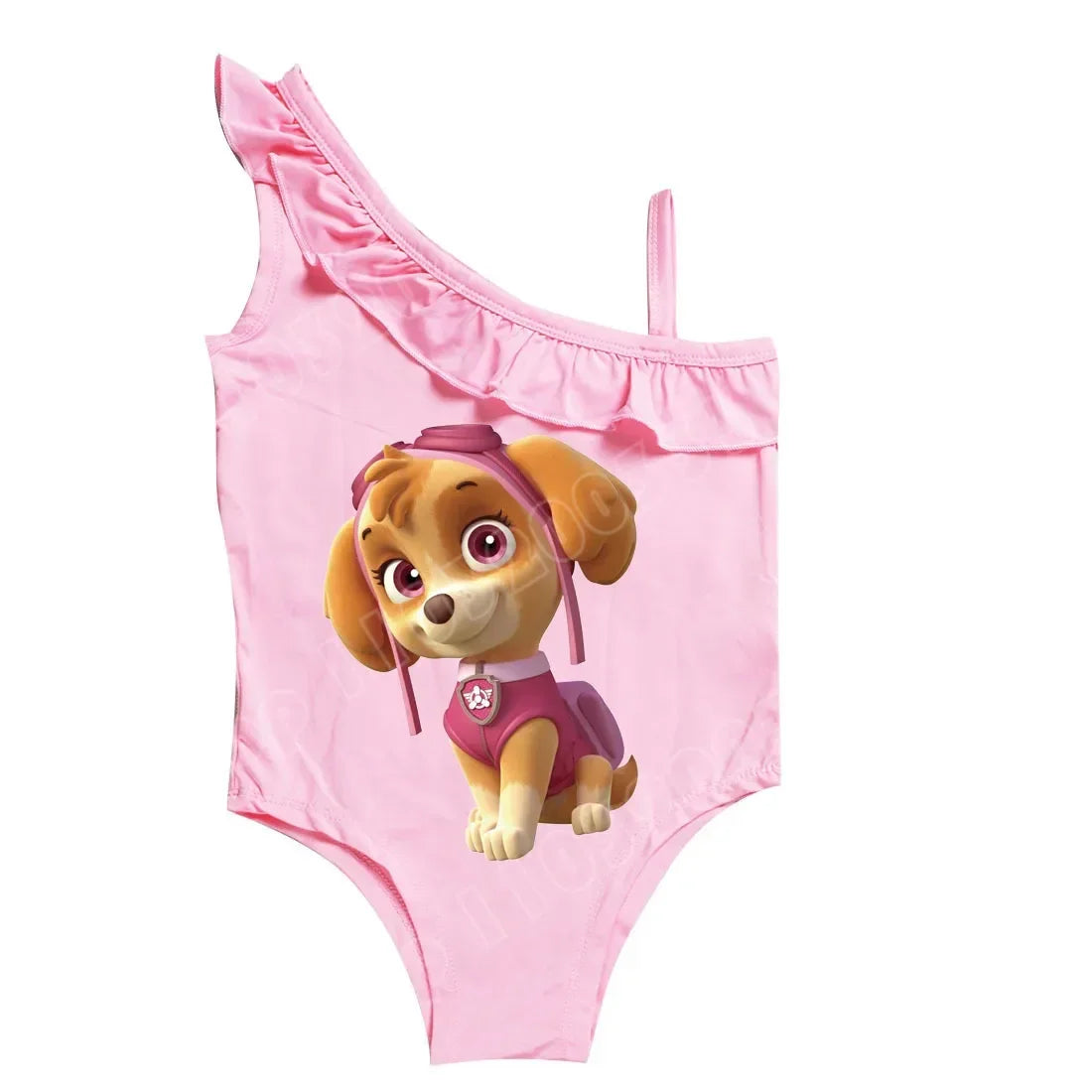 Maillot de bain fille rose clair à volants et motif de patteuse souriante